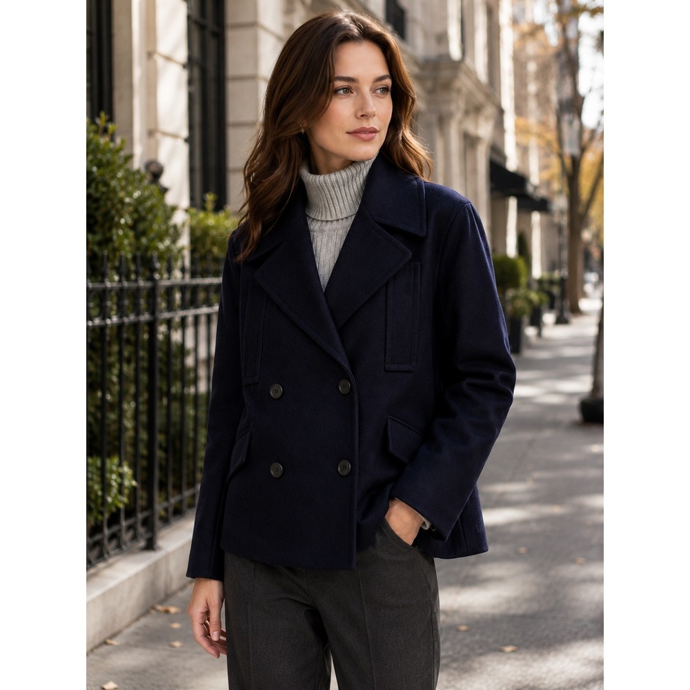 French Connection Navy‎ Wool Cashmere Blend Double Breasted Pea Coat US 6
